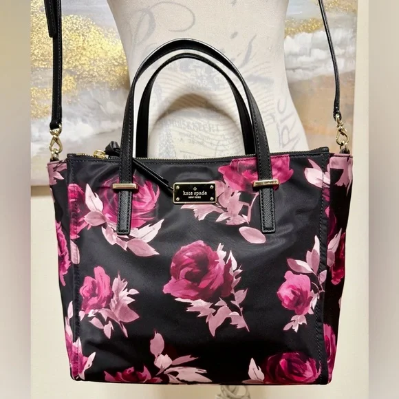 KATE SPADE Crossbody Nylon Tote, P436 Black Pink Roses - Picture 9 of 16
